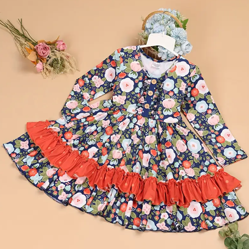 Buy Girls Twirl Dress - Purple Floral Ruffle Party Dress with Buttons  at Best Price In Bangladesh