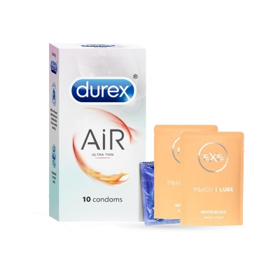 Picture of Durex Air Ultra Thin Condom 10pcs Pack & EXS PEACH Flavored Water Based Lubricant 5ml 2 Pack | Wedding, Honeymoon, Valentine Couple Combo Pack