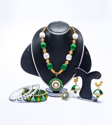 Buy Green and White Silk Thread Jewellery Set Online in Bangladesh