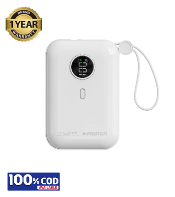 Picture of Proton Fast Charging 22.5W Power Bank- PowerHouse10 with Built-in Type-C and Lightening charging cables.