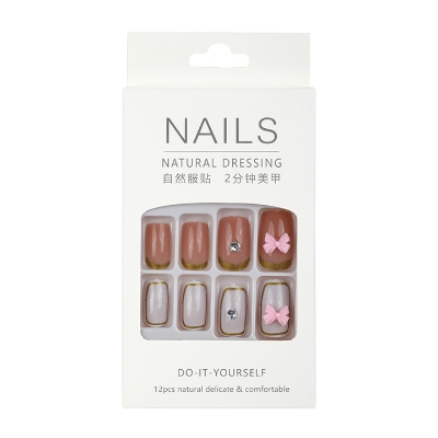 Picture of Natural Dressing Fake Nails Square Head White and pink bow Nail