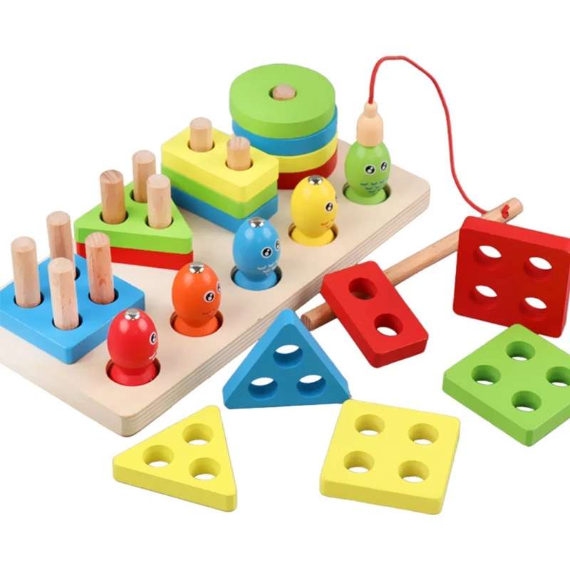 Buy Fishing Game Geometry and Color Learning Five Sets of Columns Wooden Toys for Children Building Toy Baby Education Puzzle Board at Best Price In Bangladesh