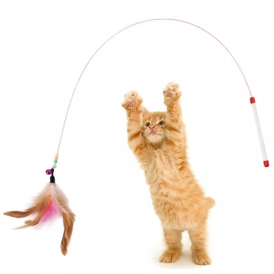 Picture of 1pc Cat Toy Stick Feather Wand With Bell Toys Plastic Artificial Colorful Cat Teaser Toy