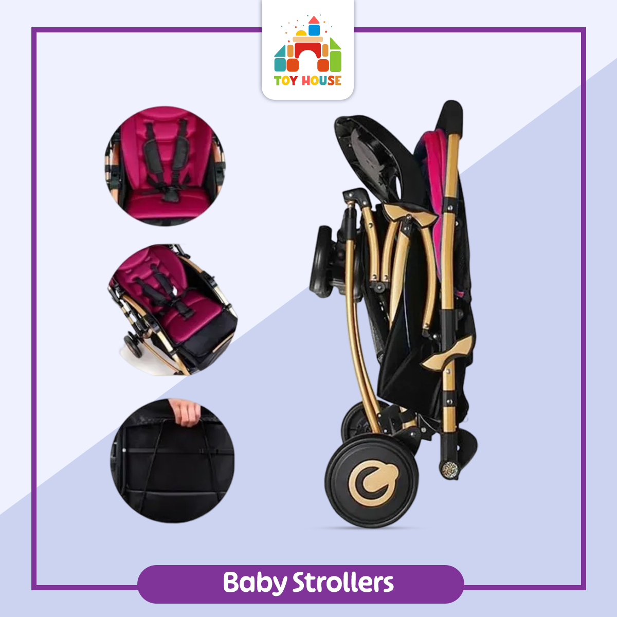 Buy Baby Stroller C3 Pram for Your Baby with Rocking Mood and Adjustable Handle Bar Best Premium Quality Prams Trolly- Magenta and Blue Perfect gift for baby at Best Price In Bangladesh
