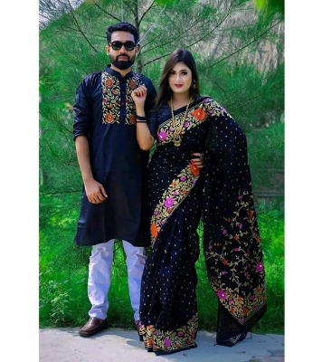 Buy Dhupian Slik Skin Print Sharee & Punjabi Couple Set For Men & Women (Black) at best price In Bangladesh