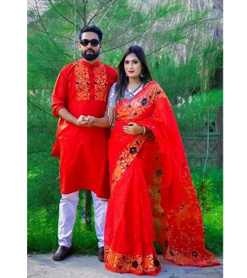 Buy Dhupian Slik Skin Print Sharee & Punjabi Couple Set For Men & Women (Red) at best price In Bangladesh