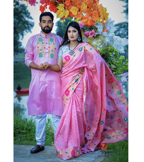 Buy Dhupian Slik Skin Print Sharee & Punjabi Couple Set For Men & Women (Pink) at best price In Bangladesh