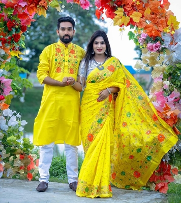Buy Dhupian Slik Skin Print Sharee & Punjabi Couple Set For Men & Women (Yellow) at best price In Bangladesh