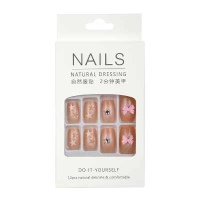 Picture of Natural Dressing Fake Nails Square Head pink Bow & Peach base Nail