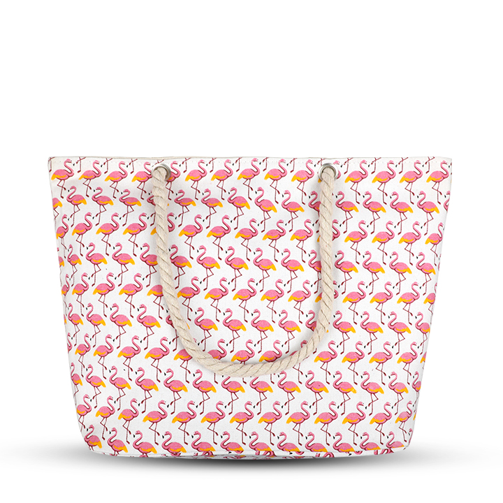 Buy Cute Flamingo custom print White large zippered shoulder tote travel pack beach bag with Rope Handles at Best Price In Bangladesh