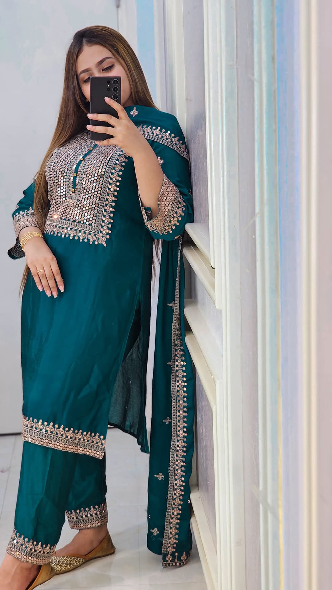 Buy Linen Readymade Three Piece Zari Thread Work on Body Computer Sequence Work Cotton Orna   Piece at Price In Bangladesh