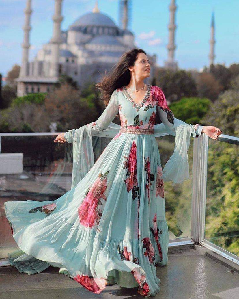 Buy  Readymade Diamonded Georgette Print Gown Dress Three Pieces For Women  Piece at Price In Bangladesh