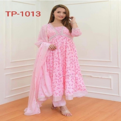 Picture of New exclusive designed Linen Screen Print Gown Poppon Work 3piece long kurti dress For Stylish Women / Girls(1013)