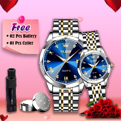 Buy Butter Fly Lock Olievs Stainless Steel Fashionable Couple Watches+1 Pcs Chain Cutter+2 Pcs Battery - Silver Blue at Best Price In Bangladesh