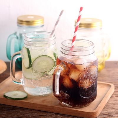 Picture of Juice Glass Straw Jar with Lid and Straw Summer Ice Cream Fruit Cold Drinking Water Jars Cold Coffee Juice Cup Glass Mason Jar 500 ml - Coffee Mug