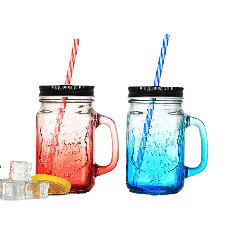 Picture of Juice Glass Straw Jar with Lid and Straw Summer Ice Cream Fruit Cold Drinking Water Jars Cold Coffee Juice Cup Glass Mason Jar 500 ml - Coffee Mug
