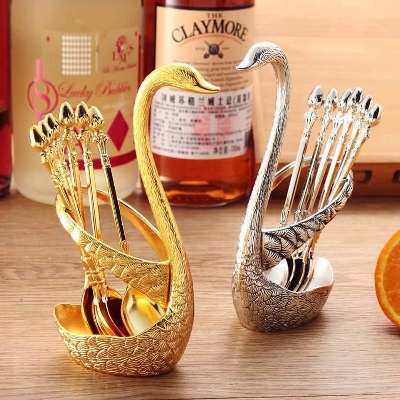 Picture of Spoon Set With Swan Stand - Golden and silver