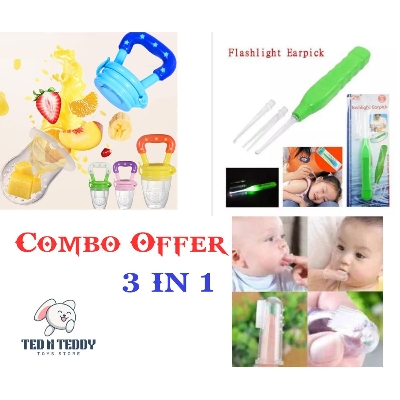 Picture of 3 in 1 Combo Offer Kids Food Feeder Soother Teether for Eating Fresh Fruit Vegetables Meat [, LED Light Ear Cleaner Flashlight Earpick & Silicone Baby Finger Tooth Brush with Box