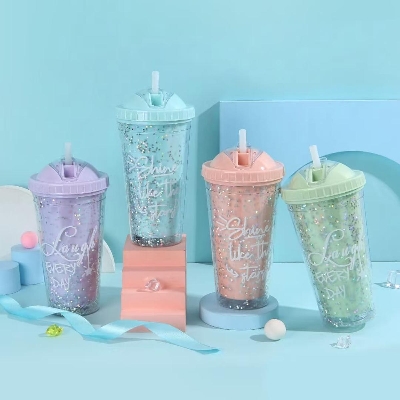 Picture of Water pot With Straw/ice broken Juice glass/Summer Colorful Water Juice Glass Bottles/cold drink mug/portable personal glass with straw - Water Bottle