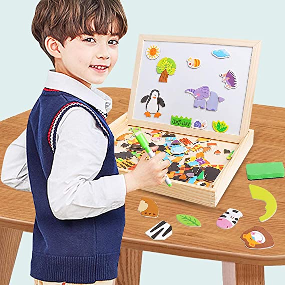 Picture of Educational Wooden Toys for Kids Toddlers Magnetic Puzzles Wooden Art Easel Double Side Learning Games Montessori Puzzle STEM Gift for Boys Girls Children