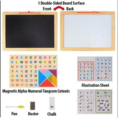 Picture of Educational Learning Board Multipurpose Double-Sided Magnetic Wooden Writing, Mathematical Calculations & English Alphabets,White and Black Board, Wooden Magnetic Drawing Board