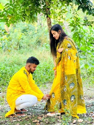 Picture of "Stylesh & fashionable best Hand Print Half Silk saree and Cotton mixed panjabi for man and women "