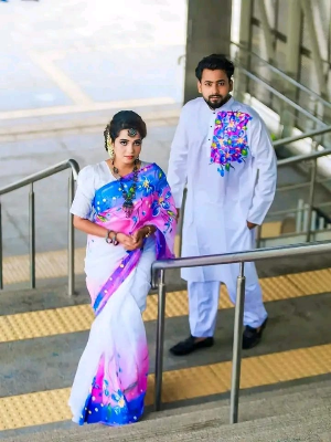 Buy stylesh-fashionable-best-hand-print-half-silk-saree-and-cotton-mixed-panjabi-for-man-and-women  at Best Prices in Bangladesh