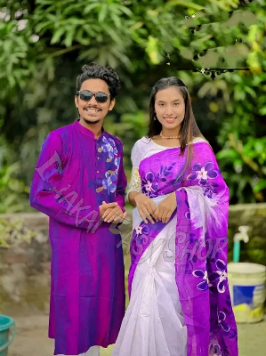 Buy stylesh-fashionable-best-hand-print-half-silk-saree-and-cotton-mixed-panjabi-for-man-and-women-  at Best Prices in Bangladesh