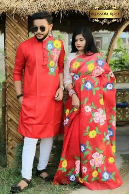 Buy stylesh-fashionable-best-hand-print-half-silk-saree-and-cotton-mixed-panjabi-for-man-and-women at Best Prices in Bangladesh