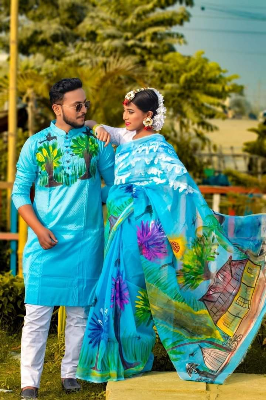 Buy stylesh-fashionable-best-hand-print-half-silk-saree-and-cotton-mixed-panjabi-for-man-and-women at Best Prices in Bangladesh