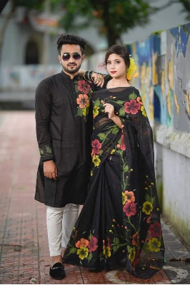 Buy stylesh-fashionable-best-hand-print-half-silk-saree-and-cotton-mixed-panjabi-for-man-and-women at Best Prices in Bangladesh