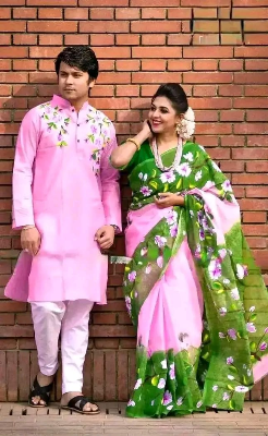 Buy stylesh-fashionable-best-hand-print-half-silk-saree-and-cotton-mixed-panjabi-for-man-and-women-at Best Prices in Bangladesh