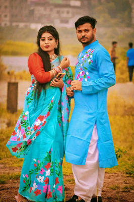 Buy stylesh-fashionable-best-hand-print-half-silk-saree-and-cotton-mixed-panjabi-for-man-and-women at Best Prices in Bangladesh