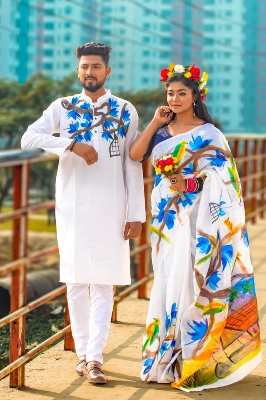 Buy stylesh-fashionable-best-hand-print-half-silk-saree-and-cotton-mixed-panjabi-for-man-and-womenat Best Prices in Bangladesh