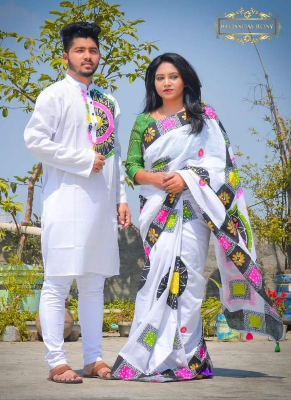 Buy stylesh-fashionable-best-hand-print-half-silk-saree-and-cotton-mixed-panjabi-for-man-and-women at Best Prices in Bangladesh
