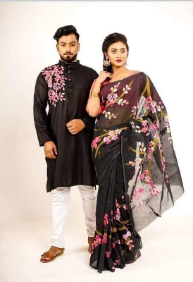 Buy stylesh-fashionable-best-hand-print-half-silk-saree-and-cotton-mixed-panjabi-for-man-and-women  at Best Prices in Bangladesh
