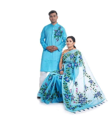 Buy stylesh-fashionable-best-hand-print-half-silk-saree-and-cotton-mixed-panjabi-for-man-and-women  at Best Prices in Bangladesh