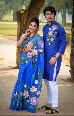 Buy stylesh-fashionable-best-hand-print-half-silk-saree-and-cotton-mixed-panjabi-for-man-and-women  at Best Prices in Bangladesh