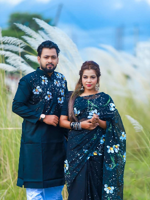 Buy stylesh-fashionable-best-hand-print-half-silk-saree-and-cotton-mixed-panjabi-for-man-and-women at Best Prices in Bangladesh