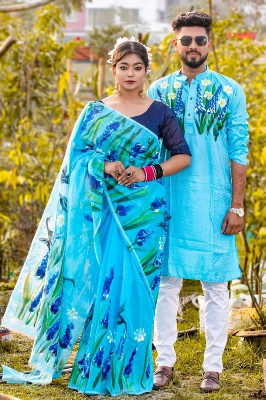Buy stylesh-fashionable-best-hand-print-half-silk-saree-and-cotton-mixed-panjabi-for-man-and-women  at Best Prices in Bangladesh