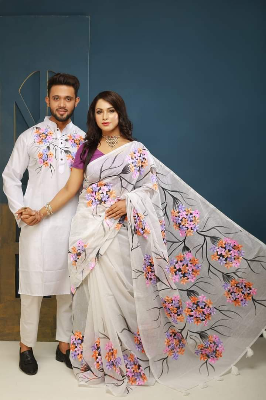 Buy stylesh-fashionable-best-hand-print-half-silk-saree-and-cotton-mixed-panjabi-for-man-and-women at Best Prices in Bangladesh