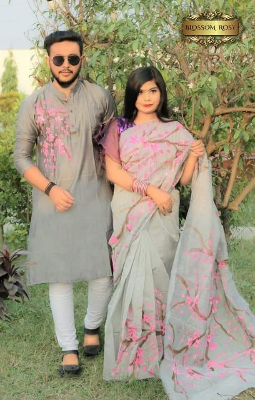 Buy stylesh-fashionable-best-hand-print-half-silk-saree-and-cotton-mixed-panjabi-for-man-and-women  at Best Prices in Bangladesh