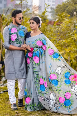 Buy stylesh-fashionable-best-hand-print-half-silk-saree-and-cotton-mixed-panjabi-for-man-and-women  at Best Prices in Bangladesh