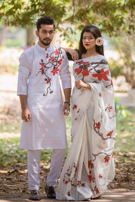 Buy stylesh-fashionable-best-hand-print-half-silk-saree-and-cotton-mixed-panjabi-for-man-and-women  at Best Prices in Bangladesh