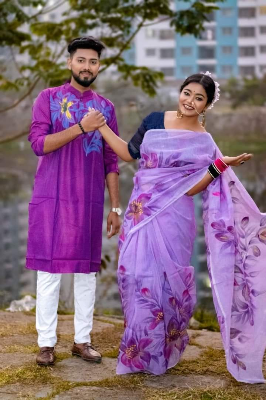 Buy stylesh-fashionable-best-hand-print-half-silk-saree-and-cotton-mixed-panjabi-for-man-and-women at Best Prices in Bangladesh