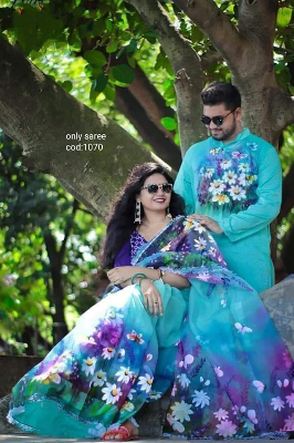 Buy stylesh-fashionable-best-hand-print-half-silk-saree-and-cotton-mixed-panjabi-for-man-and-women at Best Prices in Bangladesh