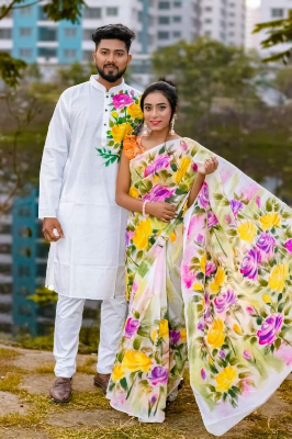 Buy stylesh-fashionable-best-hand-print-half-silk-saree-and-cotton-mixed-panjabi-for-man-and-women at Best Prices in Bangladesh