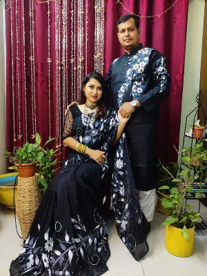 Buy stylesh-fashionable-best-hand-print-half-silk-saree-and-cotton-mixed-panjabi-for-man-and-women at Best Prices in Bangladesh