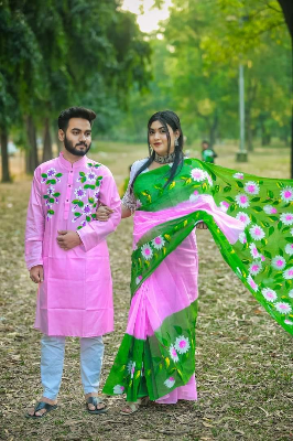 Buy stylesh-fashionable-best-hand-print-half-silk-saree-and-cotton-mixed-panjabi-for-man-and-women-  at Best Prices in Bangladesh