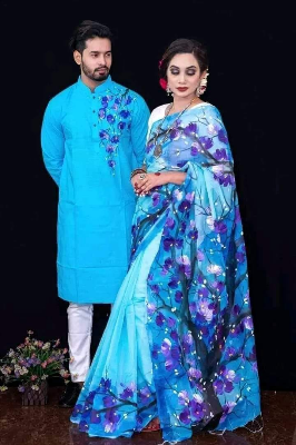 Buy stylesh-fashionable-best-hand-print-half-silk-saree-and-cotton-mixed-panjabi-for-man-and-women  at Best Prices in Bangladesh